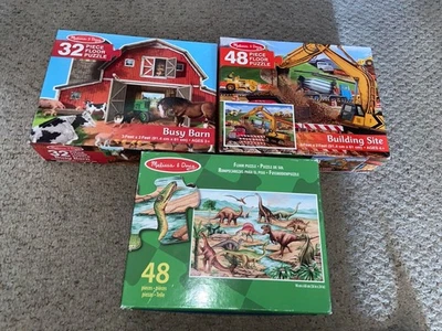 Lote de rompecabezas de piso Melissa & Doug. Animales de granero ocupados, sitio de construcción y dinosaurios Foto 1 de 4