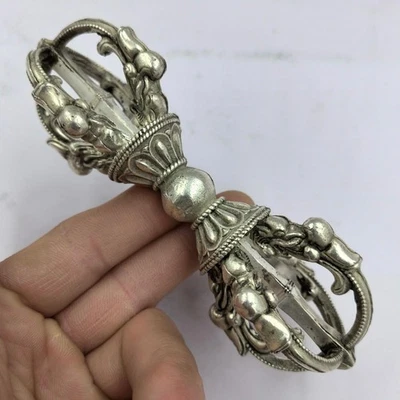 Old Tibetan Buddhist White Copper Five - Pronged Lotus - Themed Vajra Pestle - Image 1 of 4