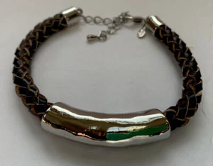 Braided Brown Leather Bracelet With Silver Bar Slide Unisex Cowboy Western - Picture 1 of 8