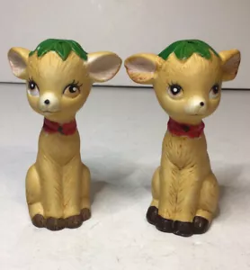 JSNY Deer Fawn Reindeer Salt Pepper Shakers Leaves On Head 3 3/8 Inch Bisque - Picture 1 of 12