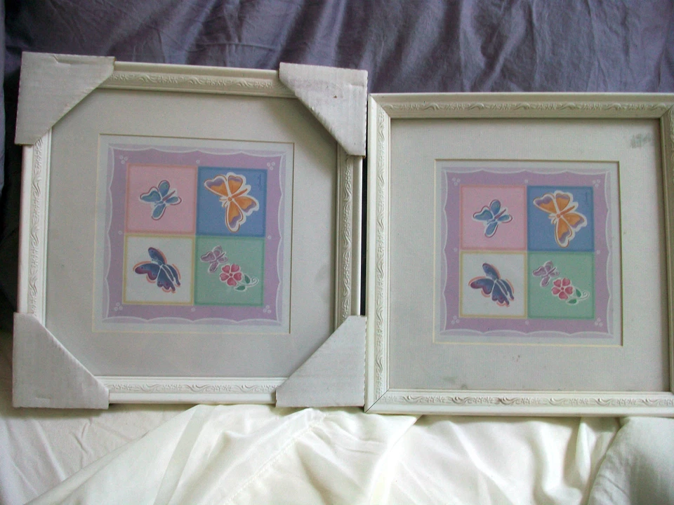 Lot of 2  Butterflies Pictures White Frames Approx 8 x 8 - Image 1 of 3