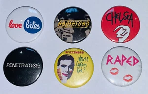 Juego de 6 insignias prendedores punk retro de calidad, Buzzcocks, Chelsea, peneración, etc. - Imagen 1 de 1