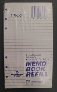 NOS 1993 Mead Memo Book Refill 6 3/4" x 3 3/4" 80 Sheets 6 Ring Looseleaf - Picture 1 of 4
