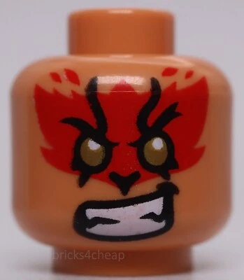 Lego Nougat Minifig Head Dual Sided Red Fur Gold Eyes Crooked Mouth with Fang - Image 1 of 2