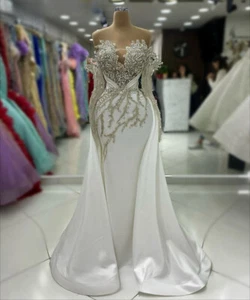 Luxury Mermaid Evening Dresses Long Sleeves Crystals Backless Prom Party Gowns - Picture 1 of 7