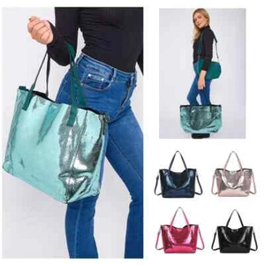 Bolsos 2 en 1 de mujer de imitación de cuero metálico brillante grandes de hombro Shopper Weekender - Imagen 1 de 30