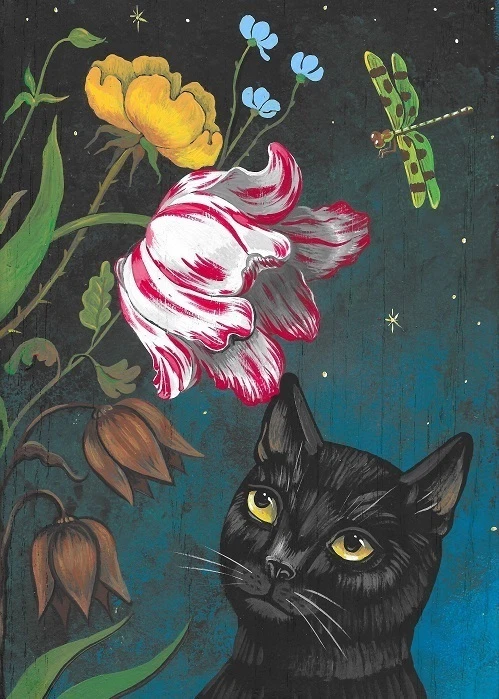 ACEO PRINT OF PAINTING RYTA BLACK CAT SPRING FLOWER TULIP ROSE folk art garden