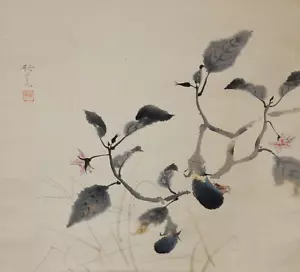 PINTURA JAPONESA ROLLO COLGANTE JAPÓN Insecto Berenjena Antiguo 448r - Imagen 1 de 6