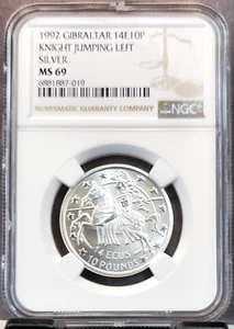 1992 GIBRALTAR SILVER 14 ECUS 10 POUNDS KNIGHT JUMPING LEFT NGC MS 69 TOP POP 1 - Picture 1 of 5