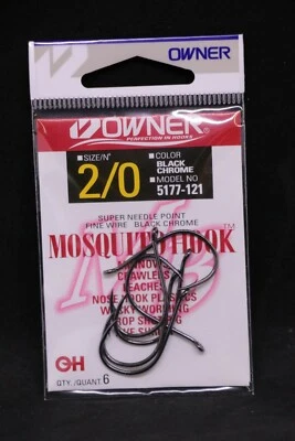 OWNER Mosquito Bait Hooks 5177-121 Size 2/0 - 6 pack Black Chrome Super Needle - Image 1 of 2