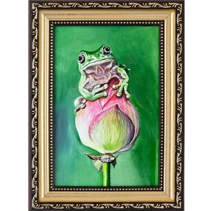 Original Oil Painting Frog on Lotus Flower Framed 4x6 Whimsical Animal Art - Picture 1 of 12