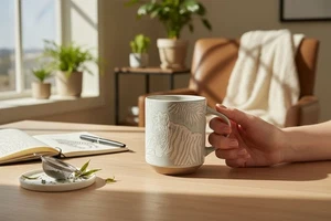 Pier 1 Coffee Mug Reactive Graphic Zebra & Leafs Stoneware 15oz Tea Cup Safari - Picture 1 of 6