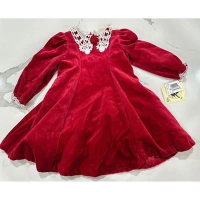 Vestido manga abullonada cuello encaje terciopelo rojo para niñas 3T ocasión especial vacaciones Foto 1 de 4
