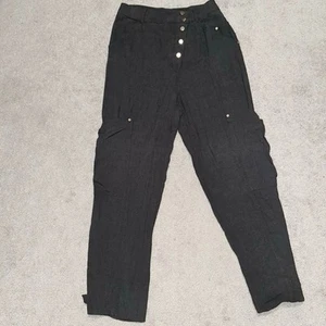 Free People Black Linen Cargo Pants Tapered Leg Crossover Button Fly SZ 10 NWOT - Picture 1 of 10