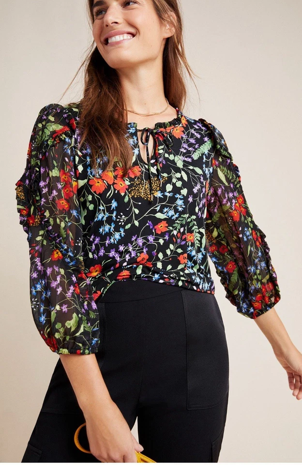 Blusa Campesina Maeve Anthropologie Jacquin Negra Floral Boho Cuello Atado Blusa Med Foto 1 de 4
