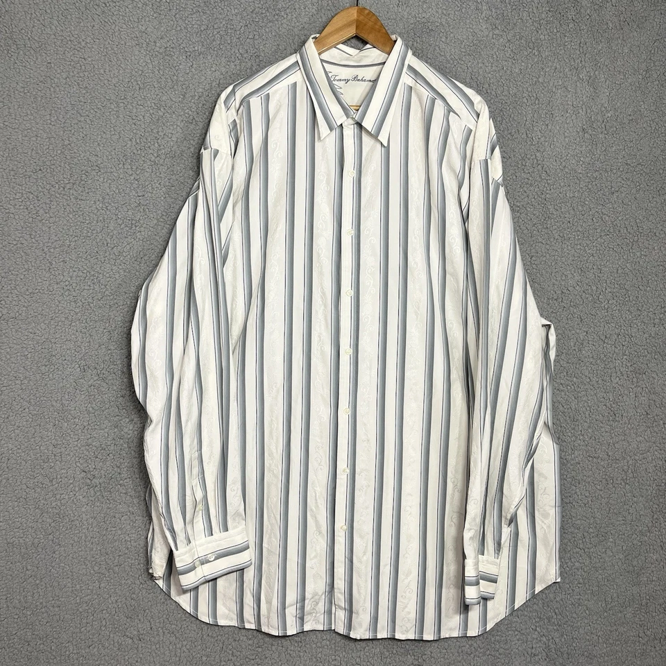 Tommy Bahama Para Hombres 3XT Seda Hawaiano Blanco Azul Gris Bordado Abotonable Foto 1 de 4