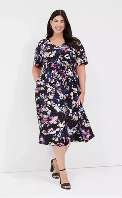 Lane Bryant Short Sleeve Lena V-Neck Level-Hem Midi Floral Dress Black Size 20 - Image 1 of 4