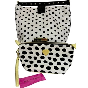 Betsey Johnson borsetta borsetta tote rosa con nero a pois con borsa cosmetica nuova con etichette - Foto 1 di 8