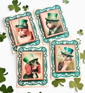 Set of 4 Handmade St Patrick’s Day Fancy Irish Critters #2 Greeting Cards - Picture 1 of 2