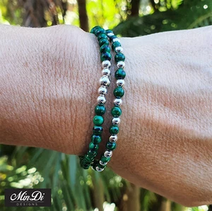 Set Of 2 Stackable Sterling Silver Stretch Bracelets With Malachite. - Picture 1 of 7