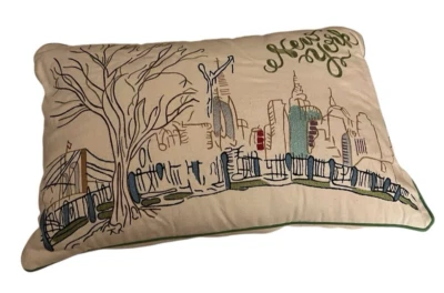 Embroidered Throw Pillow New York Scene 17.5” x 11.5” Accent Decor - Image 1 of 4
