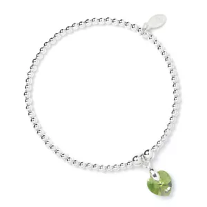 Sterling Silver Ball Bead Bracelet with Peridot Swarovski Crystal Heart - Picture 1 of 4