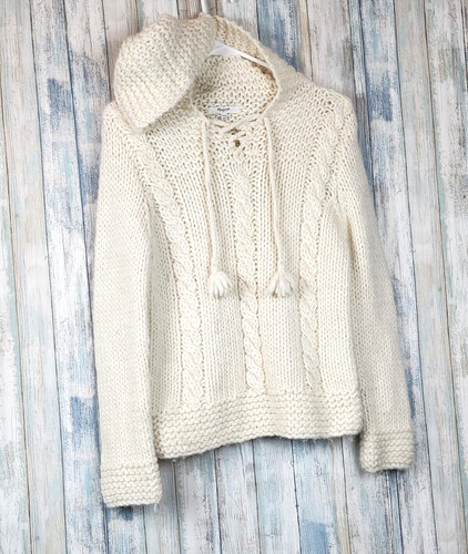 OFF WHITE Felpa con cappuccio lavorata a mano Madewell a maglia crema maglione nappa corde XXS