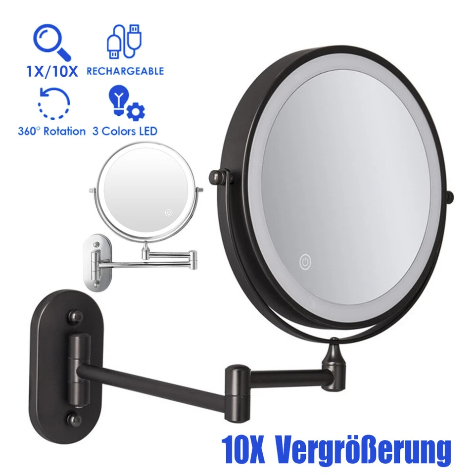 Kosmetikspiegel wandmontage LED Beleuchtung 1/10X Vergrößerung Badezimmerspiegel - Bild 1 von 4