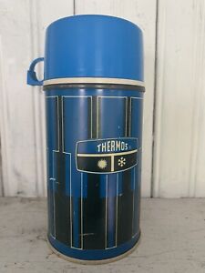 Vintage King Seeley Thermos Blue Black Striped 1974 Bottle No. 2810 Glass Metal