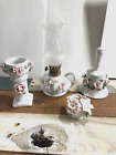Raised Scalloped Floral Porcelain Lot of 4 Inc Bell, Lamp, Bouquet, Candlestick