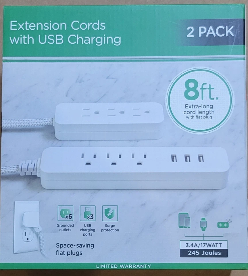 Jasco 2 Pack 8 Feet Extension Cords With 3 USB Charging Ports Brand new in box. - Image 1 of 1