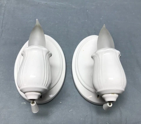 Pair VTG White Porcelain Wall Sconces Art Deco Lights Old Pull Chain 1340-22B Cover