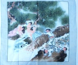 Watercolor Scarf Asian Girls Bathing in River with Boys Watching Cherry of Japan - Picture 1 of 8