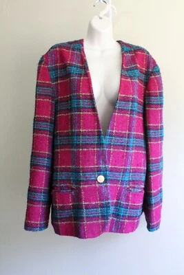 Blazer Koret para mujer XL Boucle chaqueta a cuadros cierre de 1 botón vino verde azulado vintage Foto 1 de 4