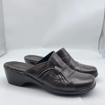 Clarks talla 9 marrón cuero mula sin cordones cuña desgastado Foto 1 de 4