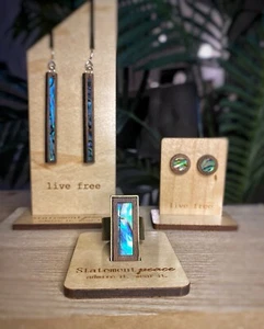 HANDMADE Jewelry Gift Set Artisan ABALONE Wooden Pendant Ring & 2 Earring Styles - Picture 1 of 8