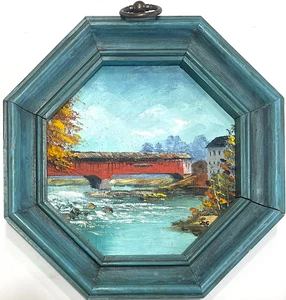 DELORES COLLINGS VTG SIGNED ORIG OIL PAINTING INDIANA LANDSCAPE & COVERED BRIDGE - Picture 1 of 3