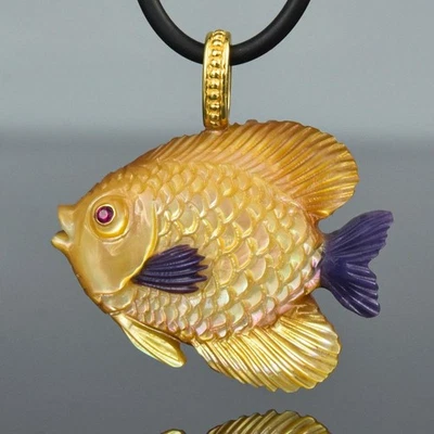 Fish Pendant Carved Multicolor Shell Gold Vermeil Sterling Silver Ruby 9.51g - Image 1 of 4
