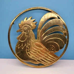 Brass Rooster Chicken Round Trivet Wall Art Farmhouse Kitchen Decor - Picture 1 of 7
