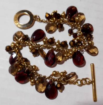 CHAPS Amber Color & Gold Dangle Bracelet- Teardrop Beads Gold Tone Toggle 7.5" - Image 1 of 4