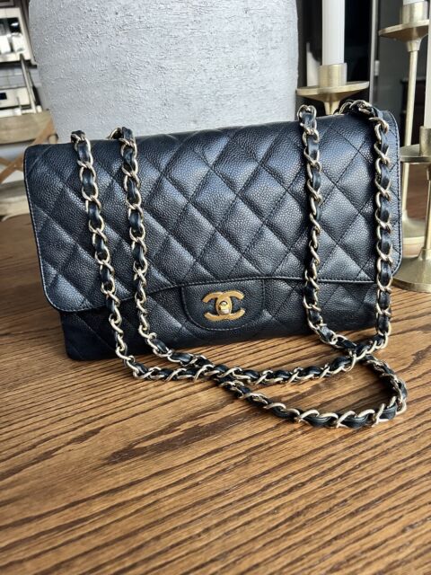 Chanel Black Quilted Caviar Medium Double Classic Flap Gold Chain Bag  1014c25