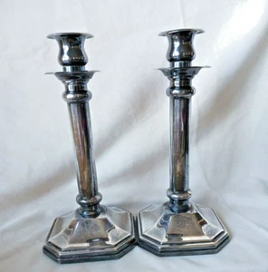 Pair Antique Silver plate St. James heavy Brass Candle Sticks square foot 10" h - Picture 1 of 4
