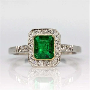 Vintage 3 Kt Smaragd Grün Diamant Halo Hochzeit Geburtstag Ring Weißgold-Finish - Bild 1 von 7
