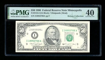 DBR 1990 $50 FRN Minneapolis Fr. 2124-I PMG XF-40 Serial I18952706A - Image 1 of 2