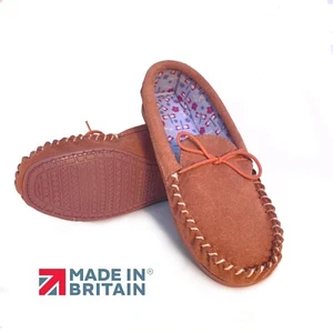 Ladies Moccasin Slippers Pink Hard Sole Real Suede Floral Lining Cooper Footwear - Picture 1 of 7