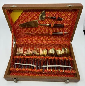 Vintage 19-teiliges Messing braun Holz Dessert Besteck Set in Holzkiste aus Asien - Bild 1 von 13