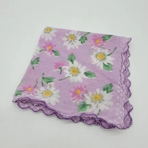 Vintage Purple Flower Floral Hankie Daisy Scalloped Border Handkerchief - Picture 1 of 5