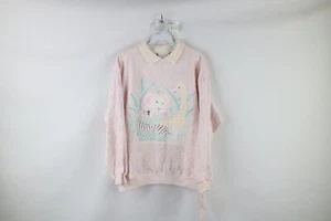 NOS Vintage 90s Womens M Fairy Kei Pastel Flower Animal Collared Sweatshirt USA - Picture 1 of 9