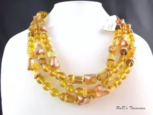 Vintage Made In Czech Frosted Amber Colored Glass Beaded Triple Strand Necklace - Picture 1 of 1