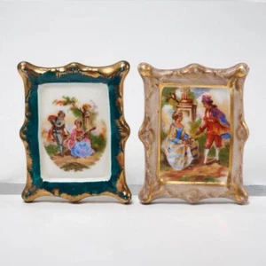 Limoges Miniature Framed Porcelain Painting Pair 2pc Lot 2.25"h 1.75"w Lot - Picture 1 of 4